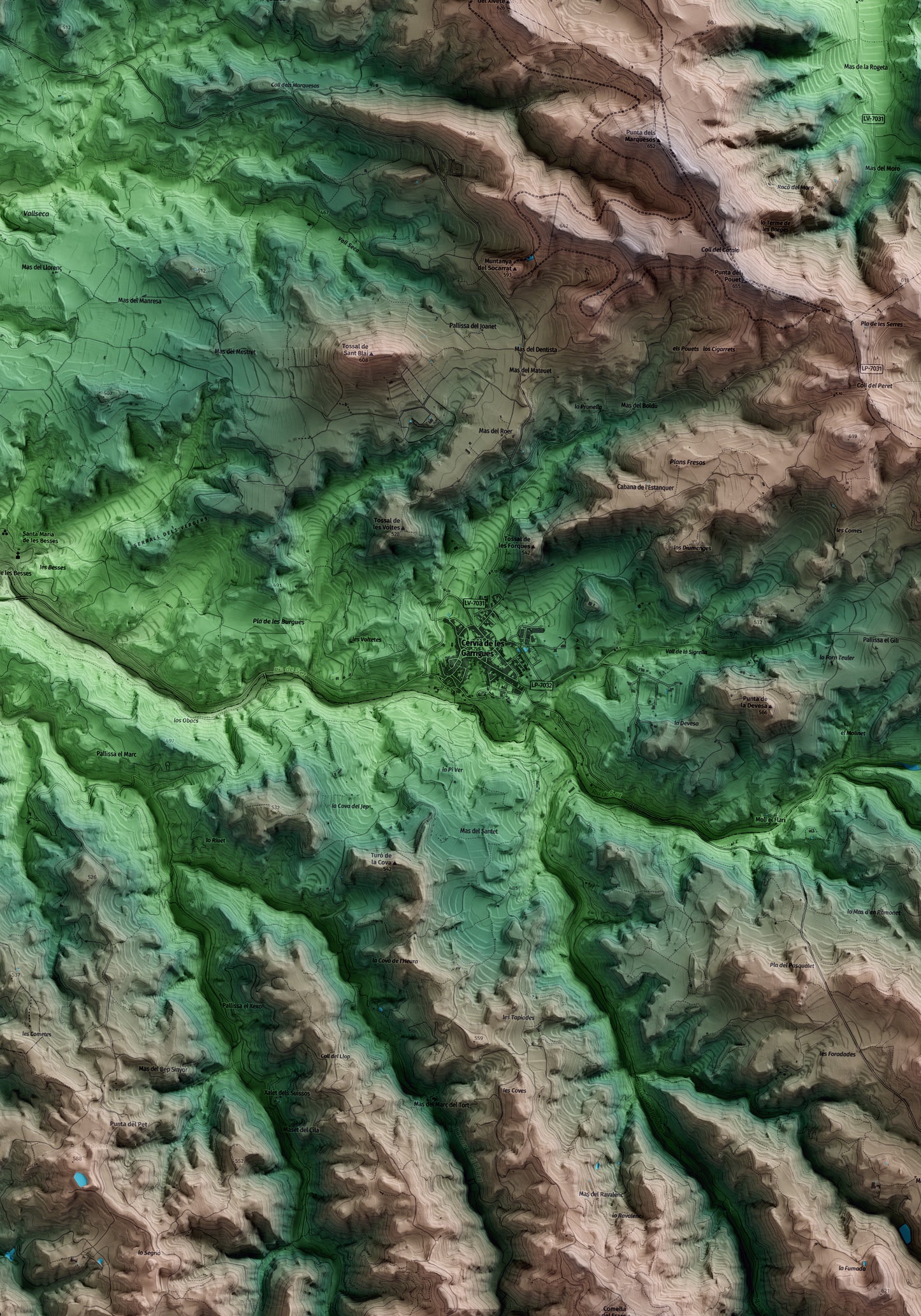 Mapa artístico del relieve de Cervià de les Garrigues, a las Garrigues, con 15 km de entorno y base topográfica ICGC. Detalle de la zona central.