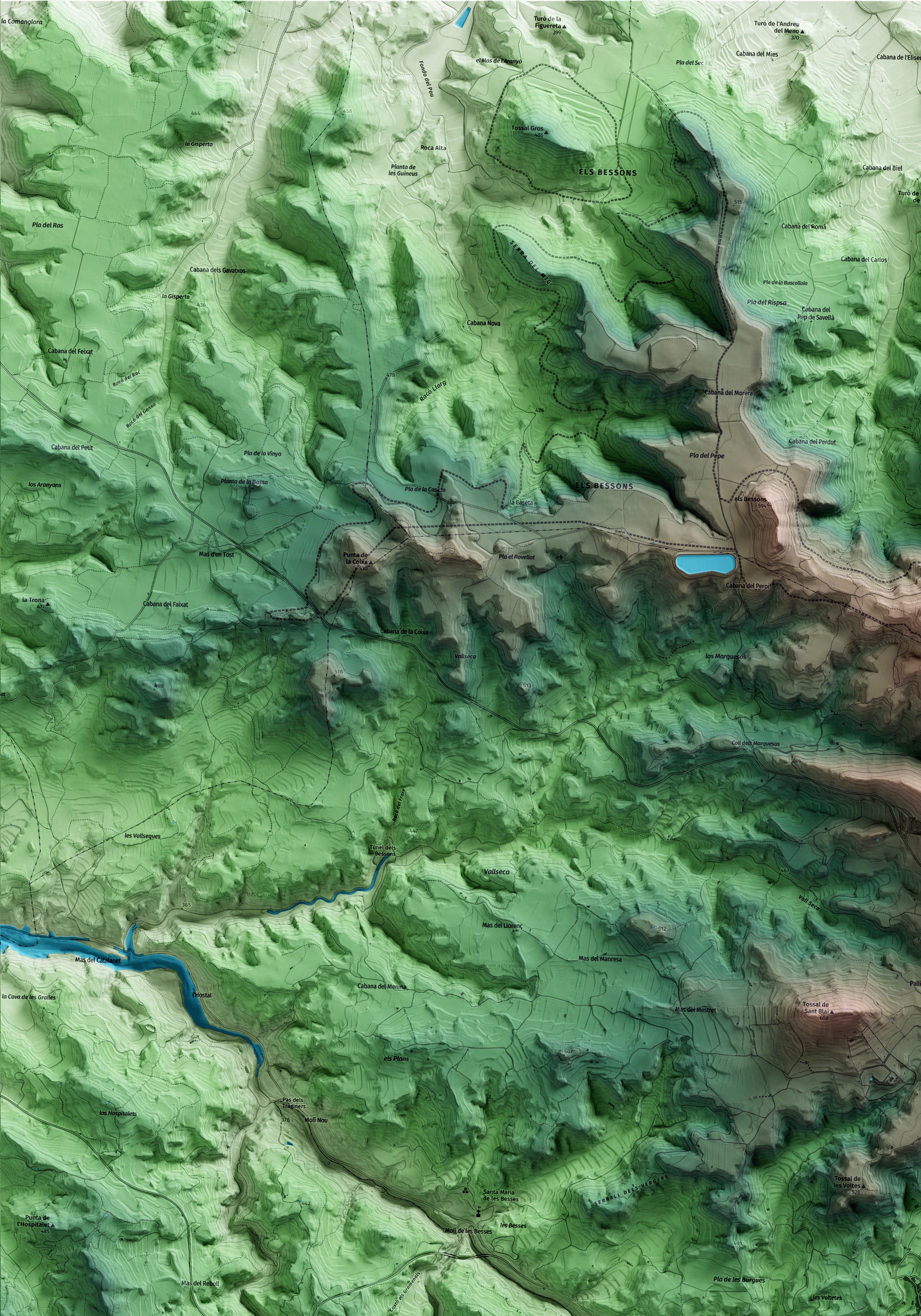 Mapa artístico del relieve de Cervià de les Garrigues, a las Garrigues, con 15 km de entorno y base topográfica ICGC. Detalle de la zona superior izquierda.