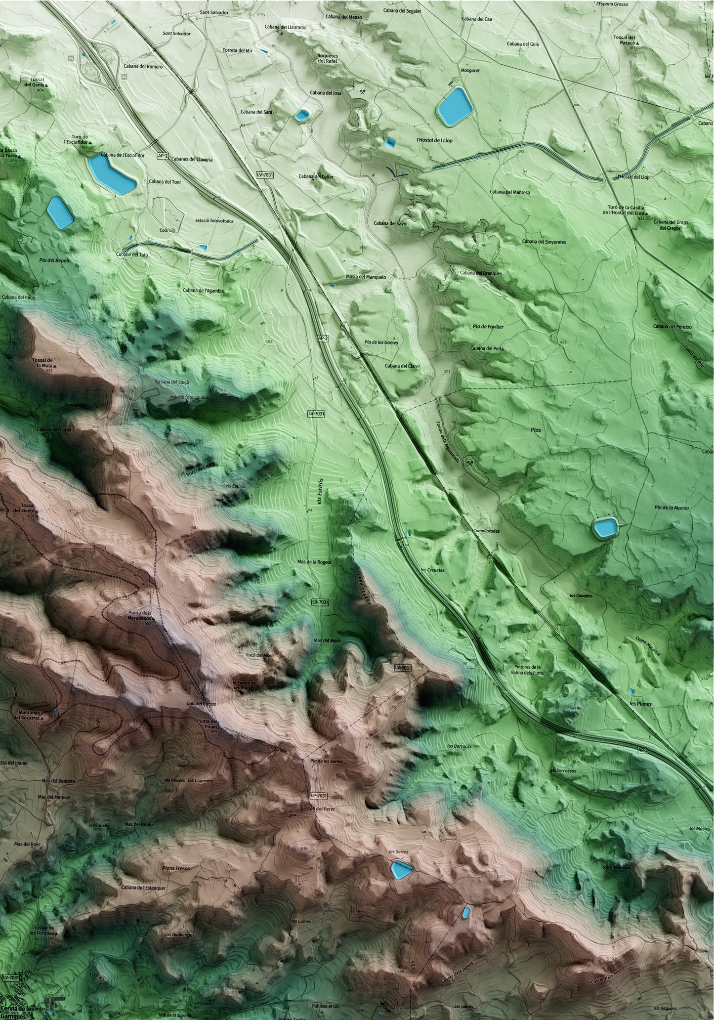 Mapa artístico del relieve de Cervià de les Garrigues, a las Garrigues, con 15 km de entorno y base topográfica ICGC. Detalle de la zona superior derecha.