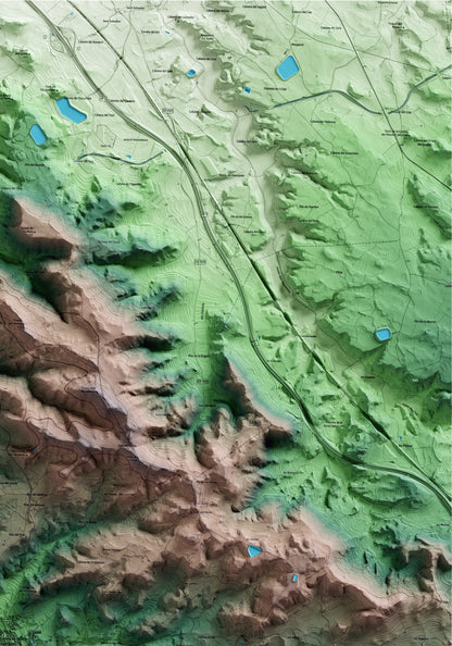 Mapa artístico del relieve de Cervià de les Garrigues, a las Garrigues, con 15 km de entorno y base topográfica ICGC. Detalle de la zona superior derecha.