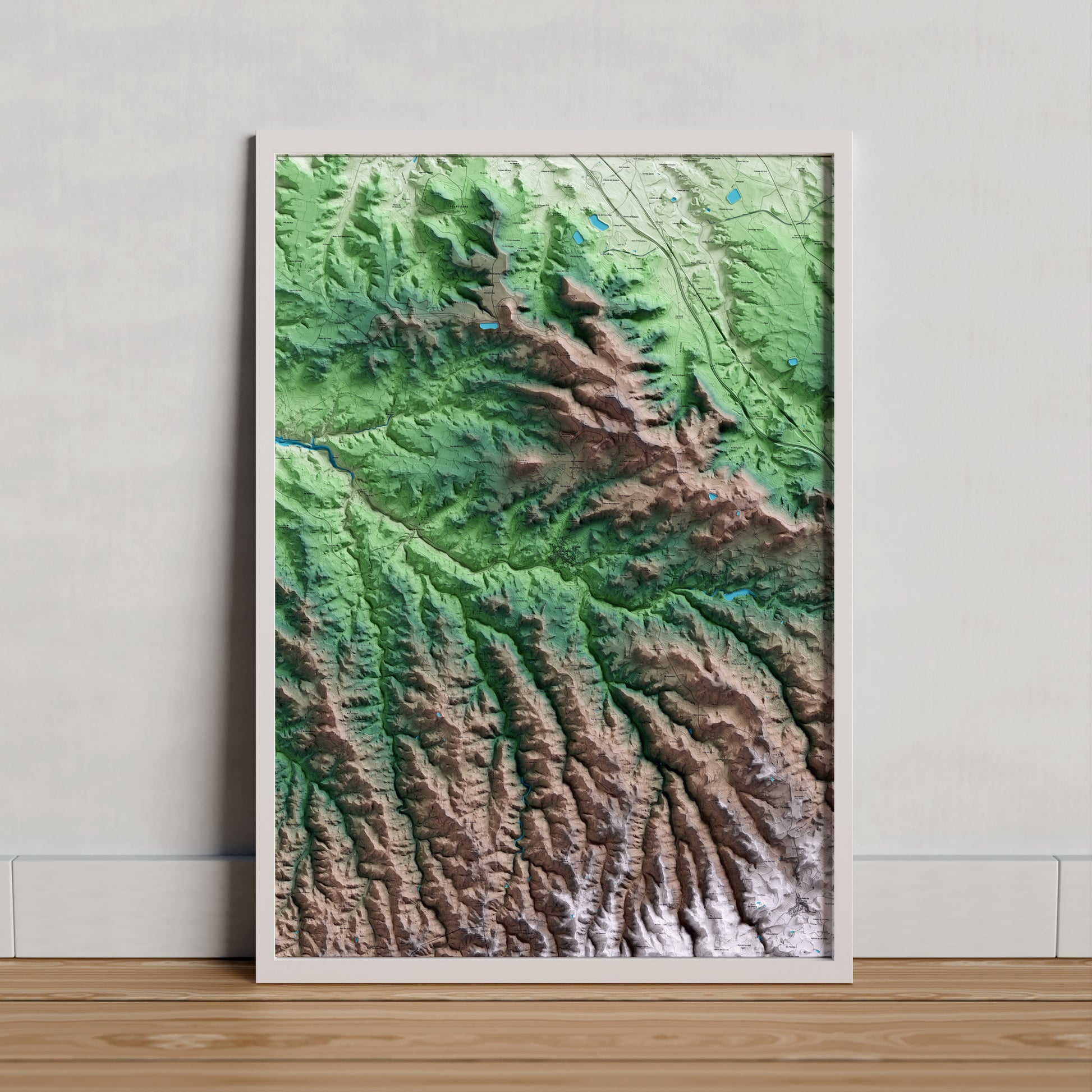 Mapa artístico del relieve de Cervià de les Garrigues, a las Garrigues, con 15 km de entorno y base topográfica ICGC. Presentación enmarcada.
