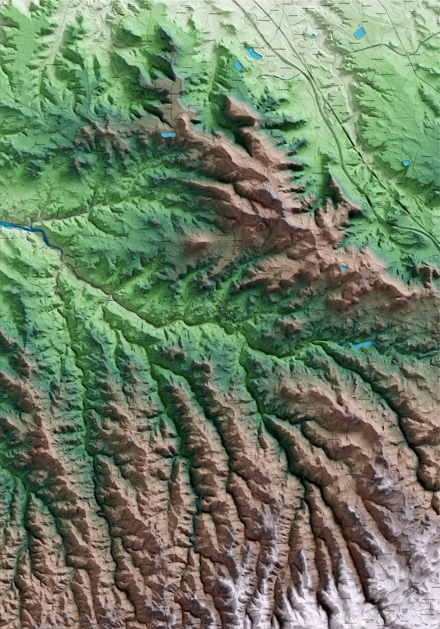 Mapa artístico del relieve de Cervià de les Garrigues, a las Garrigues, con 15 km de entorno y base topográfica ICGC