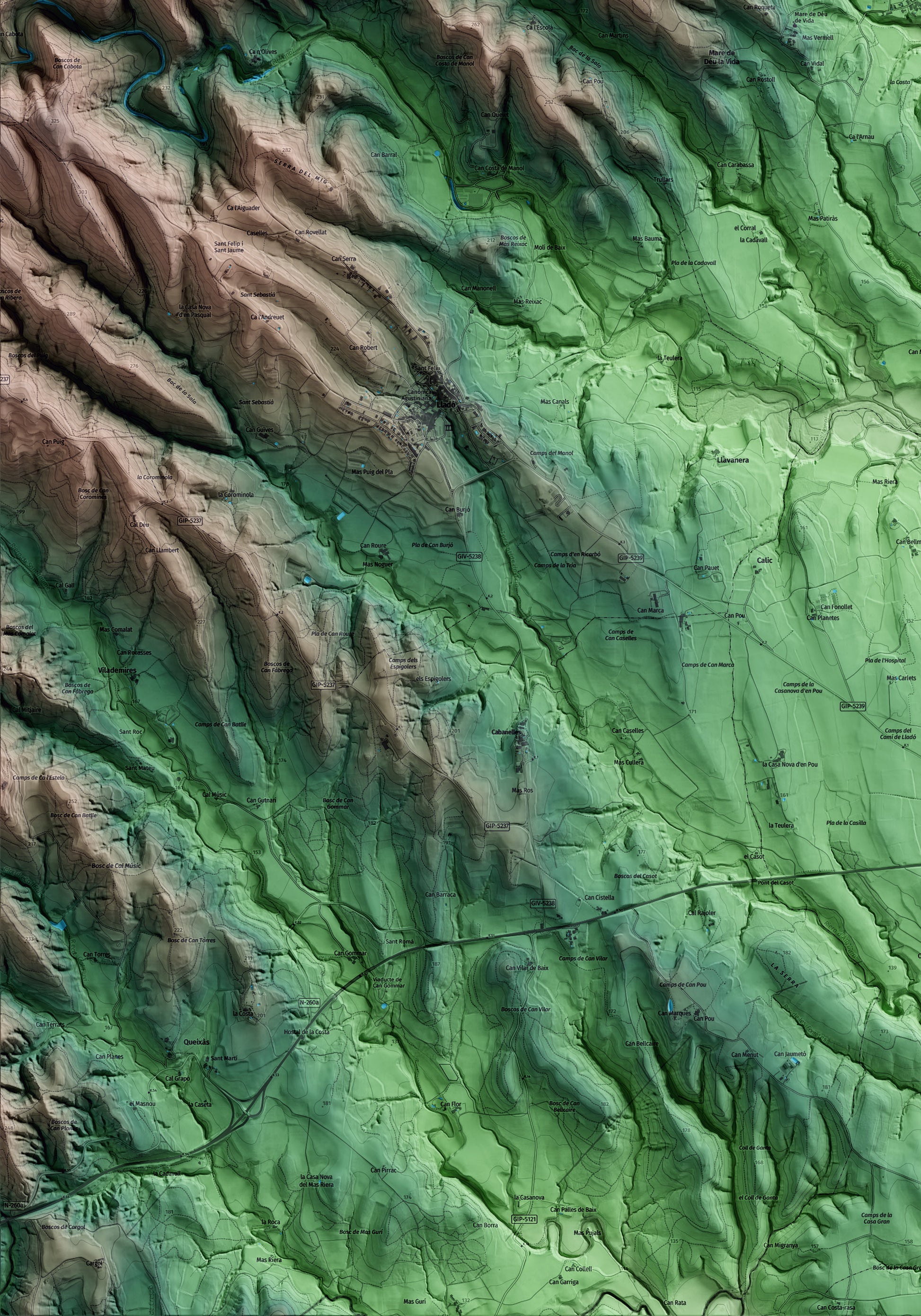 Mapa artístico del relieve de Cistella, al Alt Empordà, con 15 km de entorno y base topográfica ICGC. Detalle de la zona inferior izquierda.