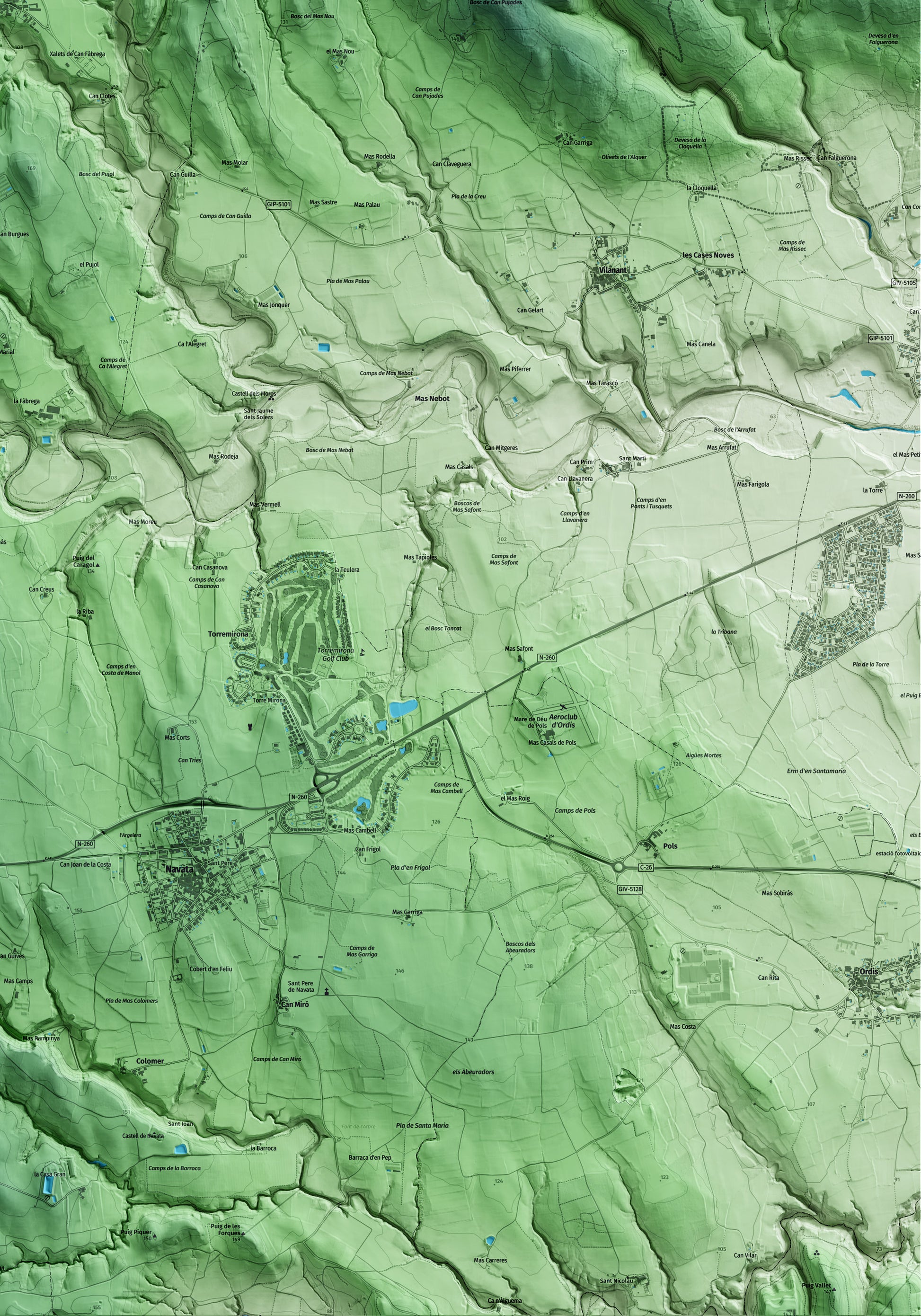 Mapa artístico del relieve de Cistella, al Alt Empordà, con 15 km de entorno y base topográfica ICGC. Detalle de la zona inferior derecha.