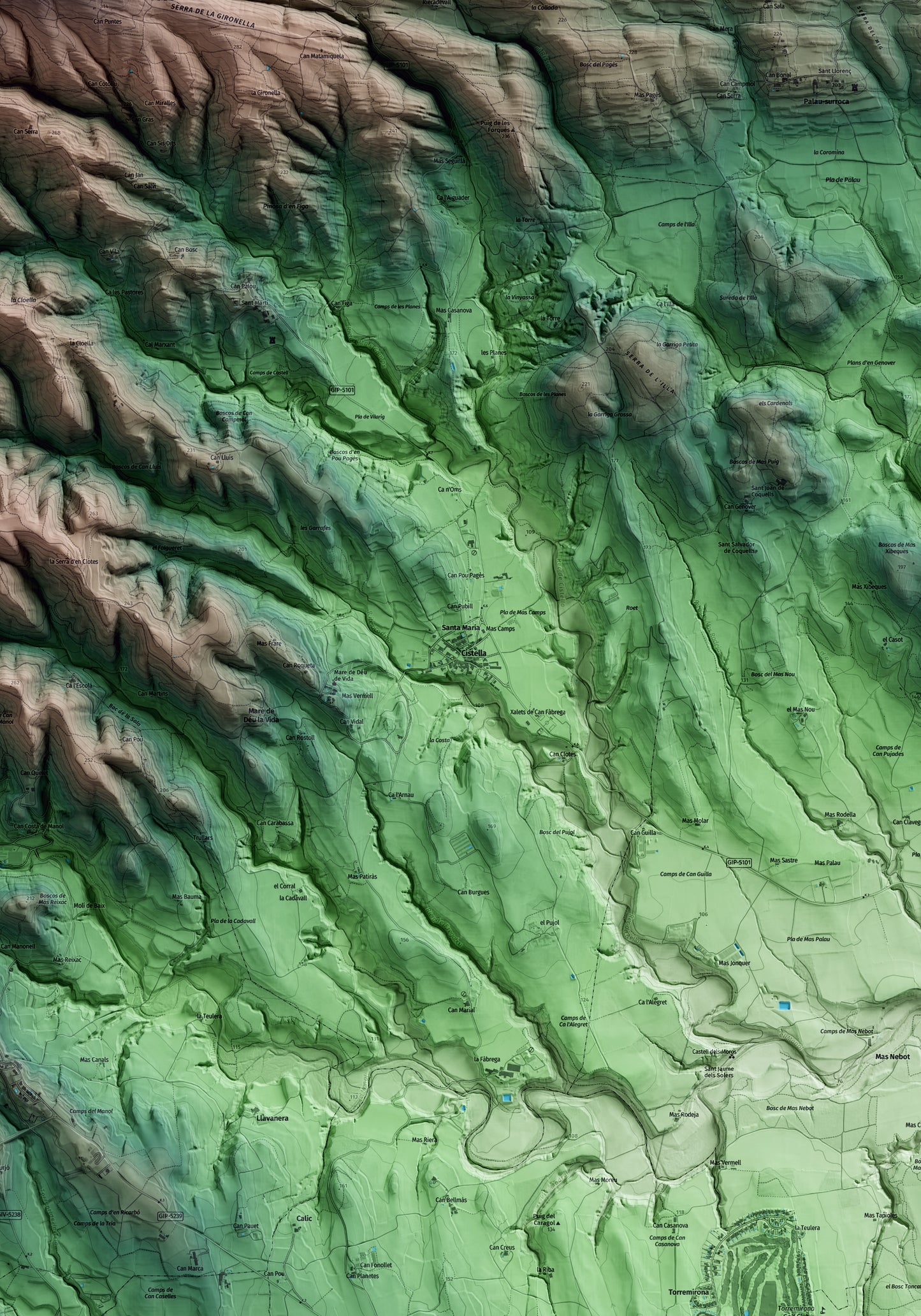 Mapa artístico del relieve de Cistella, al Alt Empordà, con 15 km de entorno y base topográfica ICGC. Detalle de la zona central.
