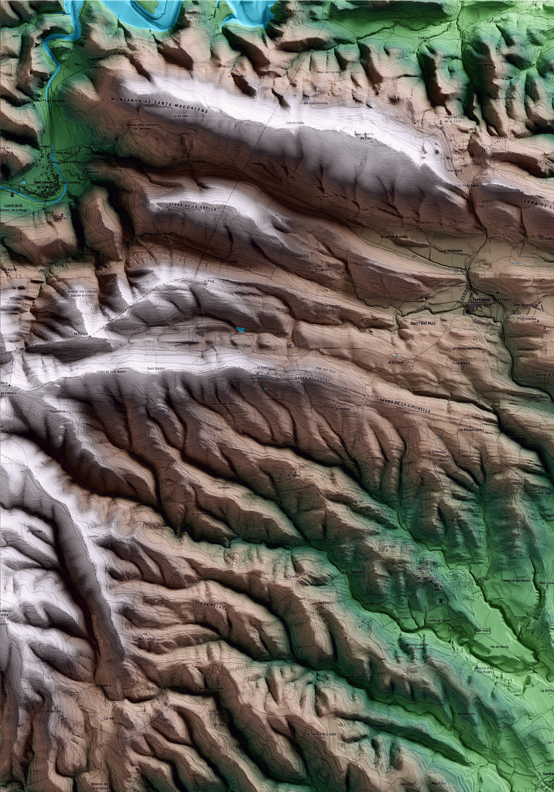 Mapa artístico del relieve de Cistella, al Alt Empordà, con 15 km de entorno y base topográfica ICGC. Detalle de la zona superior izquierda.