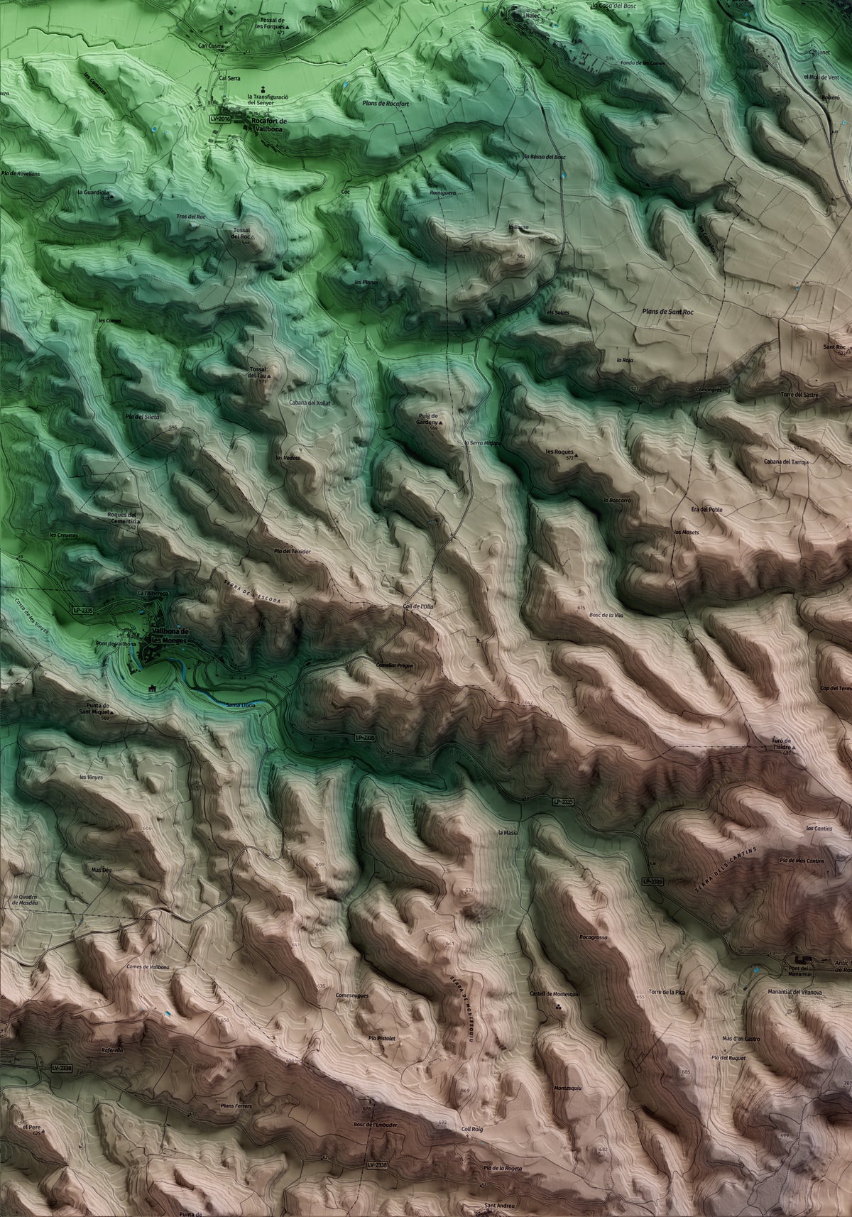 Mapa artístico del relieve de Ciutadilla, al Urgell, con 15 km de entorno y base topográfica ICGC. Detalle de la zona inferior izquierda.