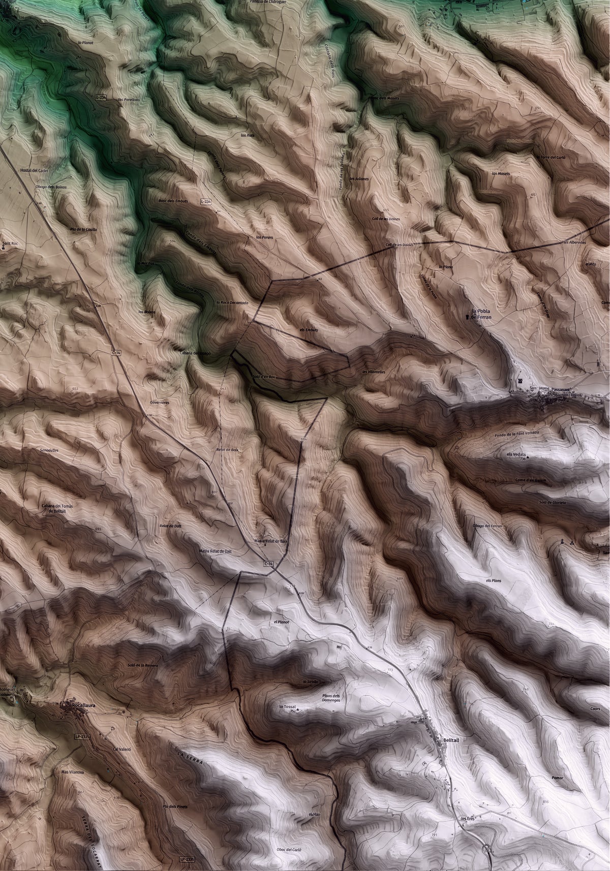 Mapa artístico del relieve de Ciutadilla, al Urgell, con 15 km de entorno y base topográfica ICGC. Detalle de la zona inferior derecha.