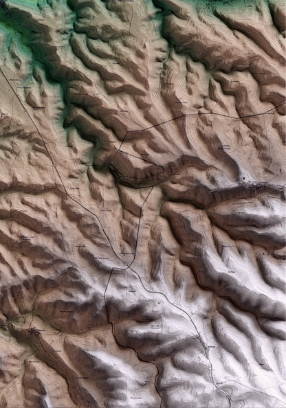 Mapa artístico del relieve de Ciutadilla, al Urgell, con 15 km de entorno y base topográfica ICGC. Detalle de la zona inferior derecha.