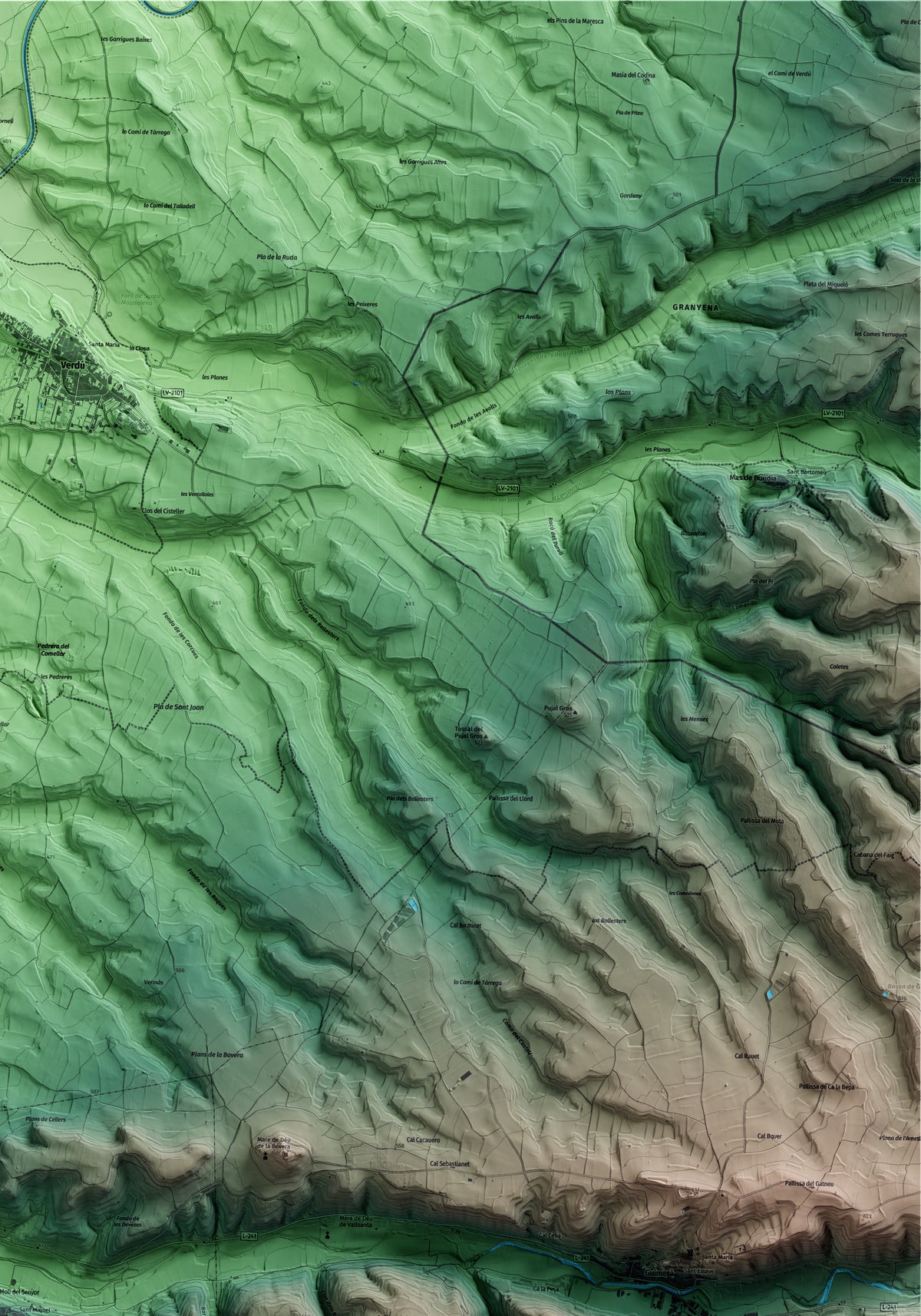 Mapa artístico del relieve de Ciutadilla, al Urgell, con 15 km de entorno y base topográfica ICGC. Detalle de la zona superior derecha.