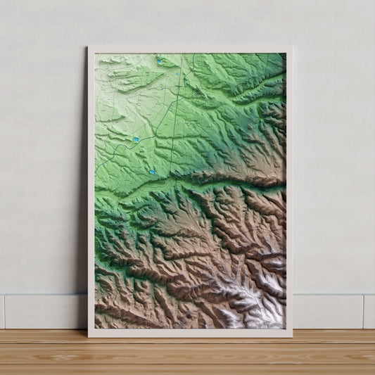 Mapa artístico del relieve de Ciutadilla, al Urgell, con 15 km de entorno y base topográfica ICGC. Presentación enmarcada.