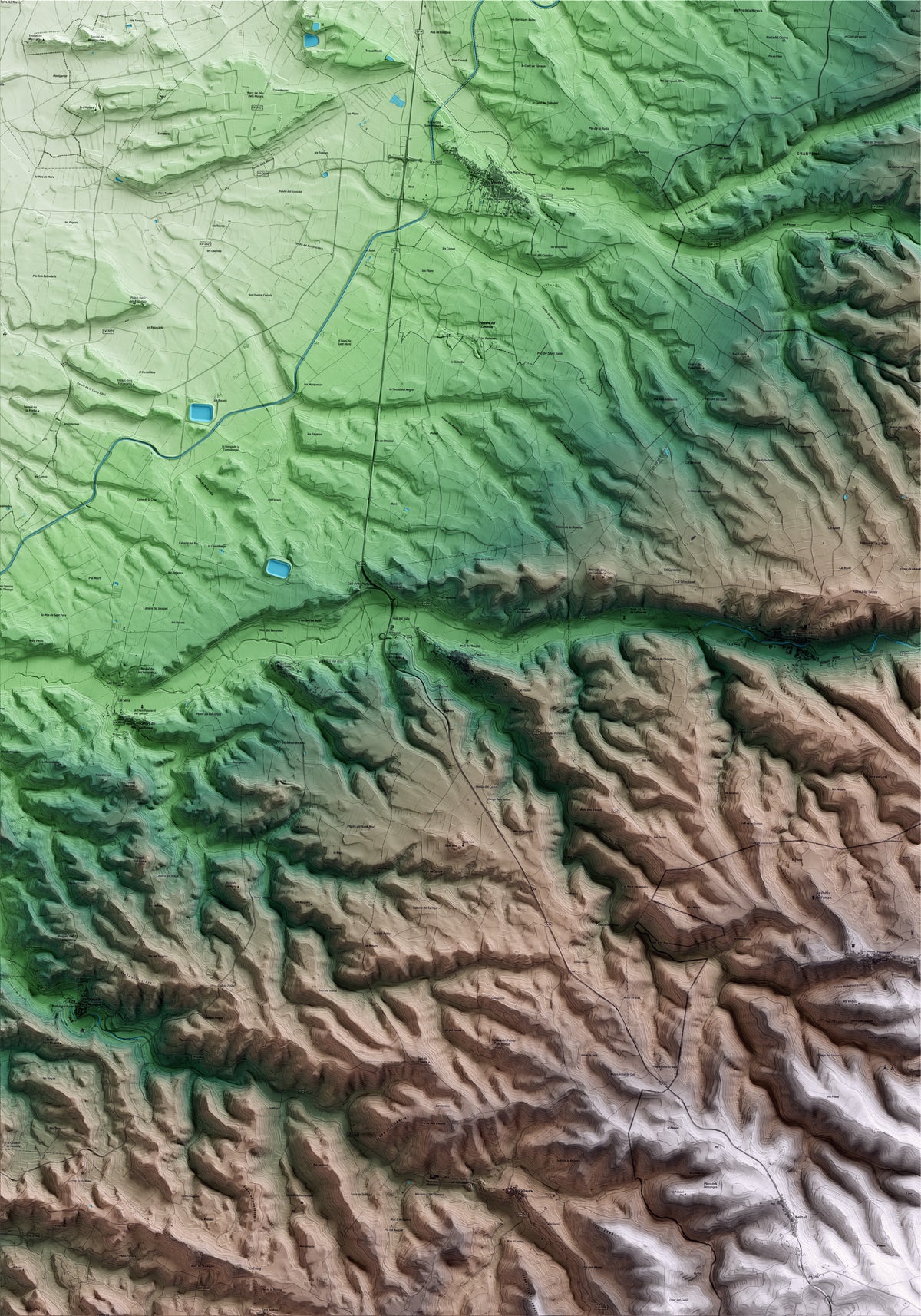 Mapa artístico del relieve de Ciutadilla, al Urgell, con 15 km de entorno y base topográfica ICGC