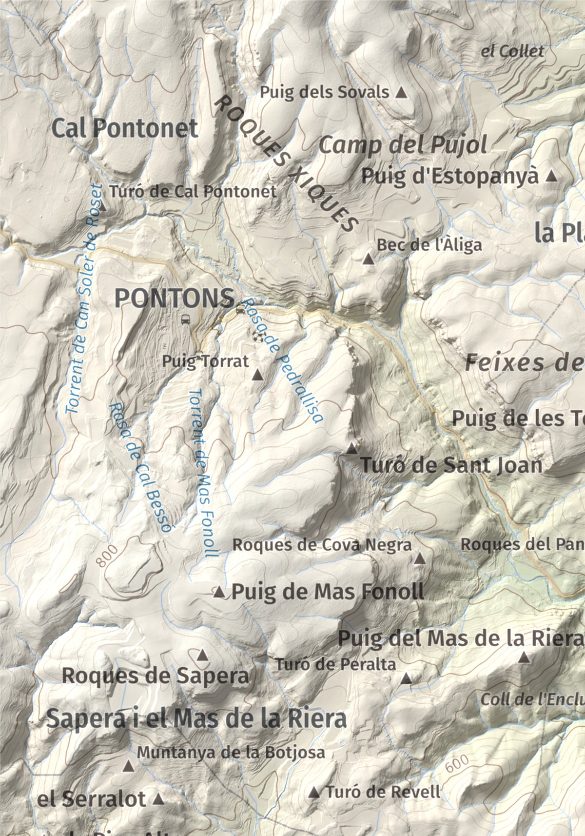 Mapa de relieve de Clapí Vell, 703 m, Alt Penedès, lámina 100 Cims de Trobart. Detalle de la zona superior izquierda. 21 × 30 cm.