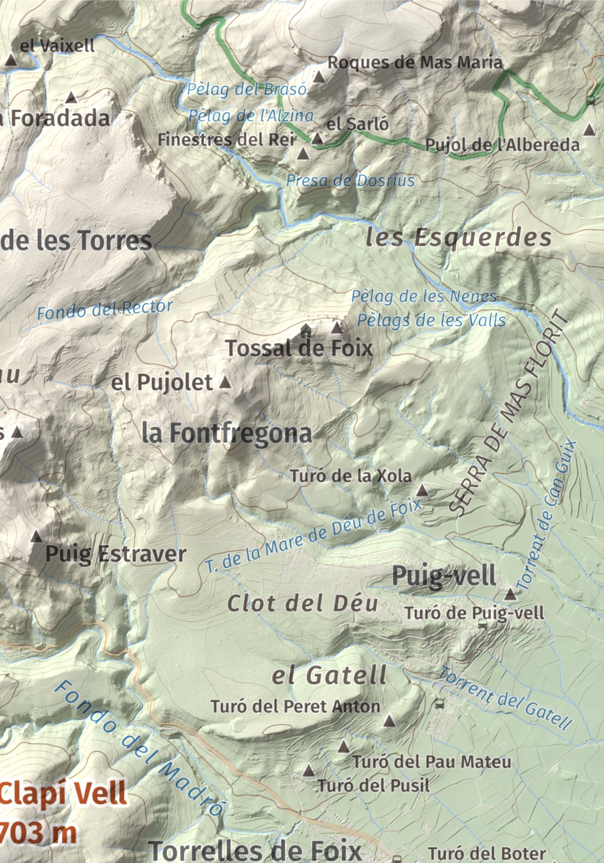 Mapa de relieve de Clapí Vell, 703 m, Alt Penedès, lámina 100 Cims de Trobart. Detalle de la zona superior derecha. 21 × 30 cm.