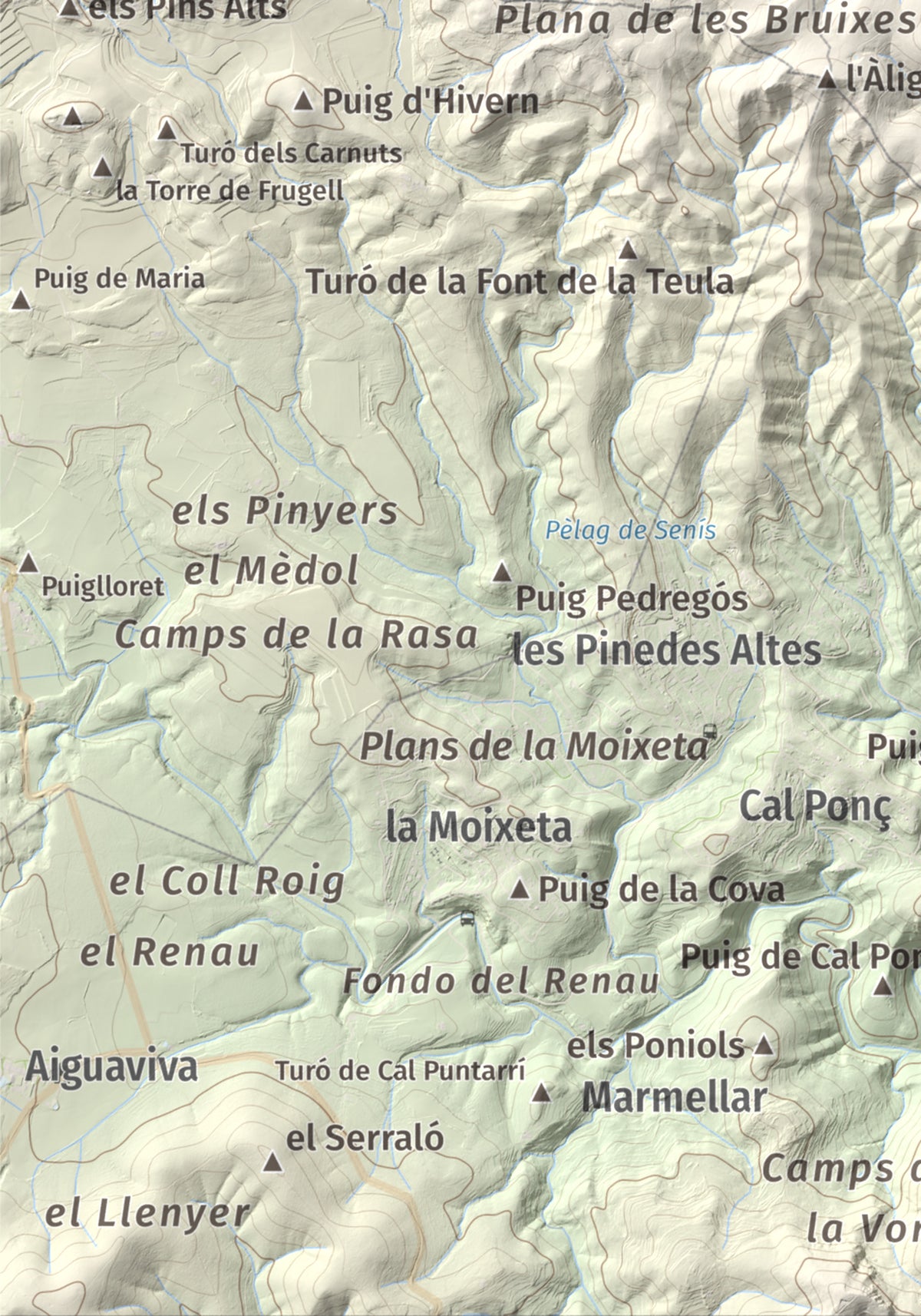 Mapa de relieve de Clapí Vell, 703 m, Alt Penedès, lámina 100 Cims de Trobart. Detalle de la zona inferior izquierda. 21 × 30 cm.