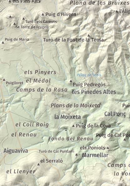 Mapa de relieve de Clapí Vell, 703 m, Alt Penedès, lámina 100 Cims de Trobart. Detalle de la zona inferior izquierda. 21 × 30 cm.