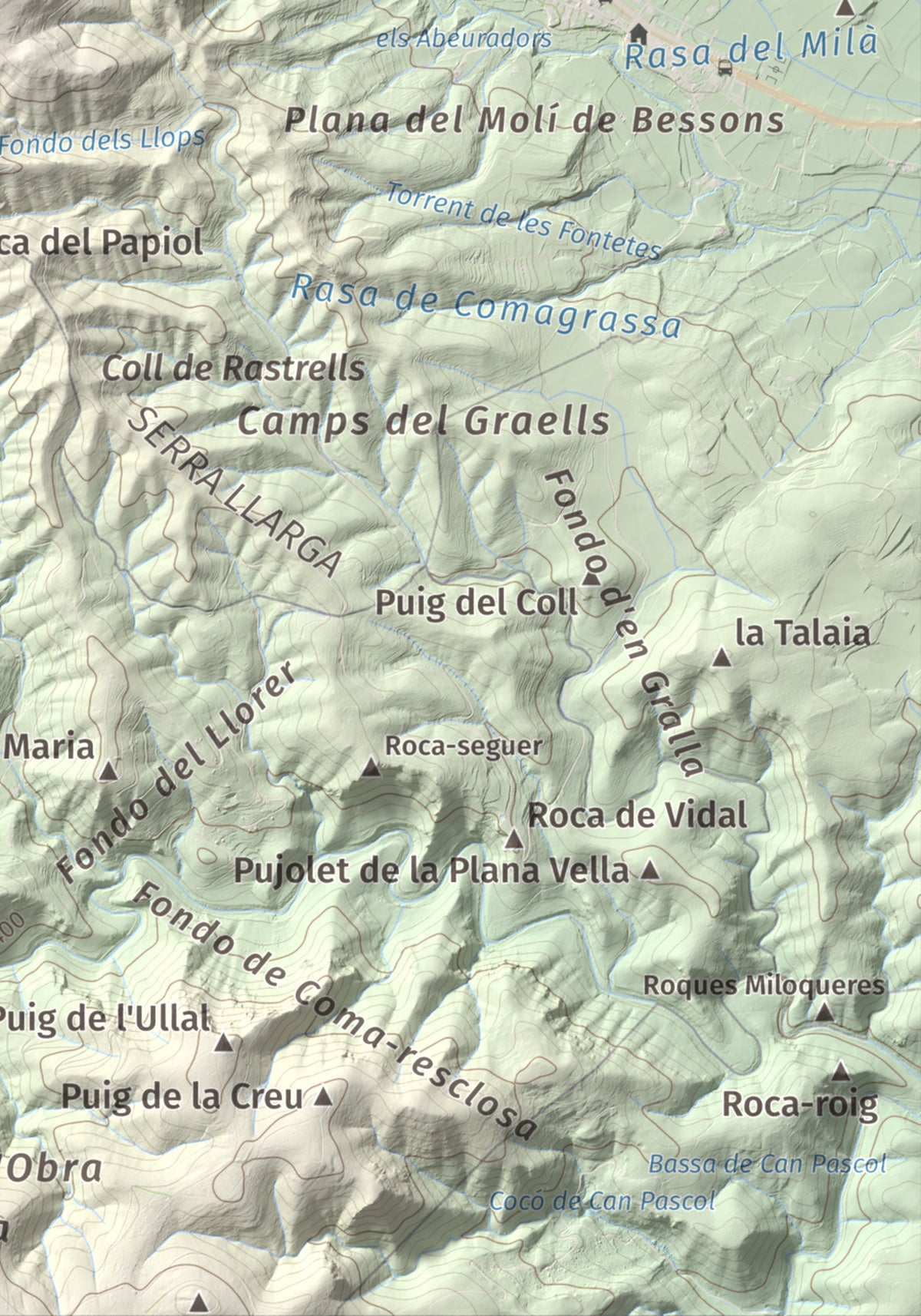 Mapa de relieve de Clapí Vell, 703 m, Alt Penedès, lámina 100 Cims de Trobart. Detalle de la zona inferior derecha. 21 × 30 cm.