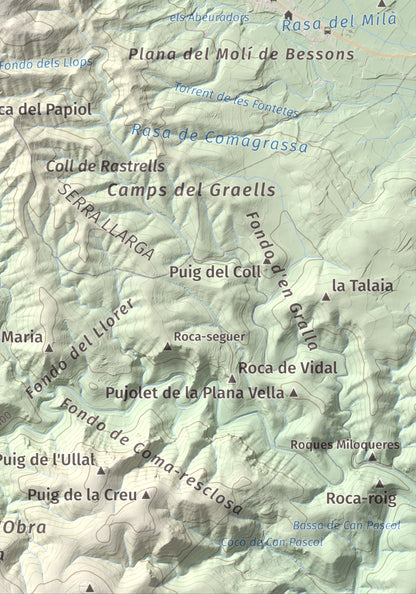 Mapa de relieve de Clapí Vell, 703 m, Alt Penedès, lámina 100 Cims de Trobart. Detalle de la zona inferior derecha. 21 × 30 cm.