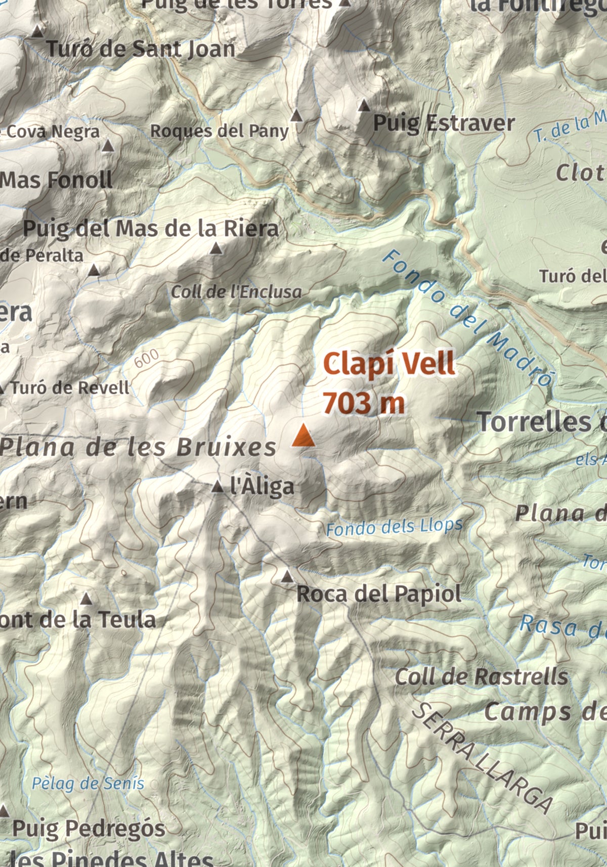 Mapa de relieve de Clapí Vell, 703 m, Alt Penedès, lámina 100 Cims de Trobart. Detalle de la zona central. 21 × 30 cm.