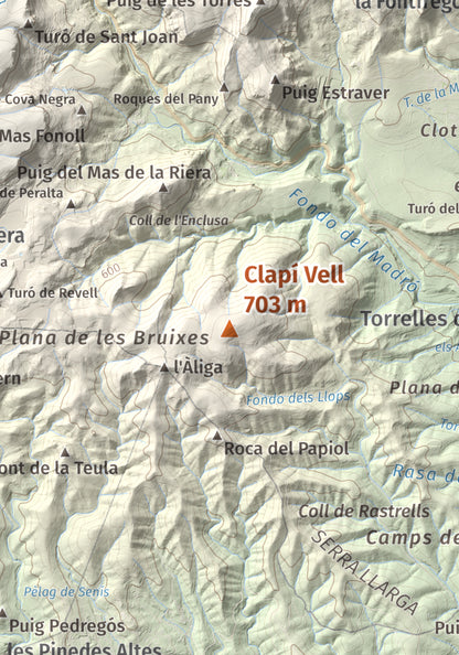 Mapa de relieve de Clapí Vell, 703 m, Alt Penedès, lámina 100 Cims de Trobart. Detalle de la zona central. 21 × 30 cm.