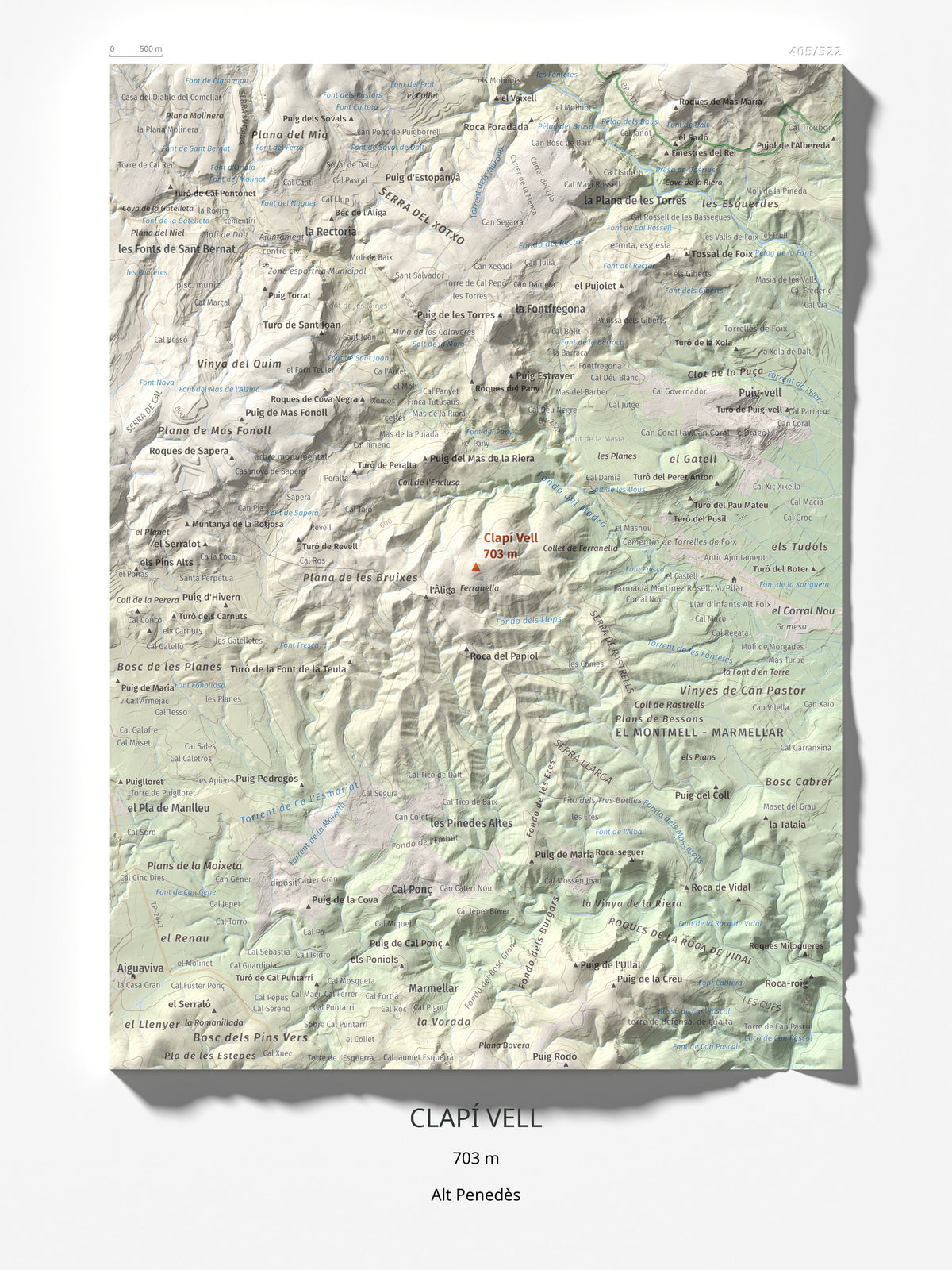 Mapa de relieve de Clapí Vell, 703 m, Alt Penedès, lámina 100 Cims de Trobart 30 × 40 cm.