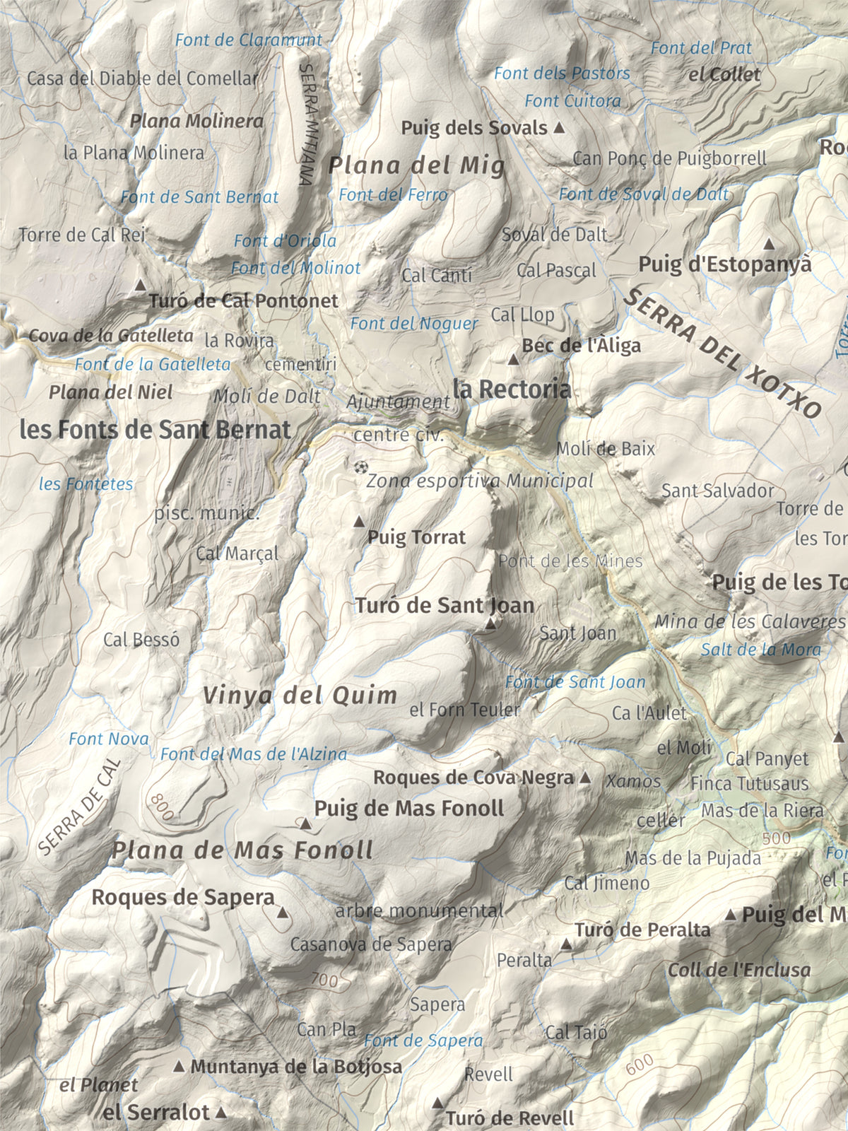 Mapa de relieve de Clapí Vell, 703 m, Alt Penedès, lámina 100 Cims de Trobart. Detalle de la zona superior izquierda. 30 × 40 cm.