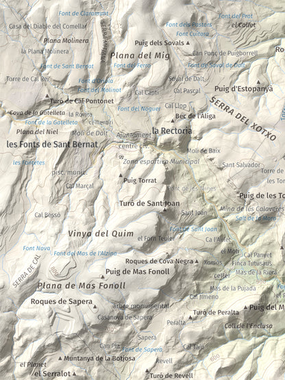 Mapa de relieve de Clapí Vell, 703 m, Alt Penedès, lámina 100 Cims de Trobart. Detalle de la zona superior izquierda. 30 × 40 cm.