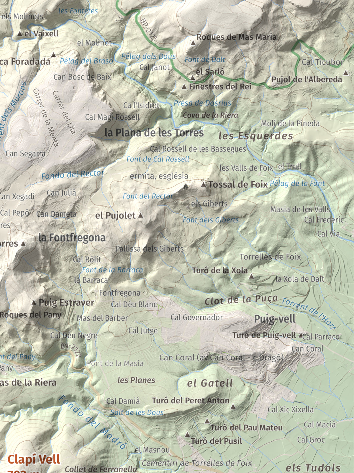 Mapa de relieve de Clapí Vell, 703 m, Alt Penedès, lámina 100 Cims de Trobart. Detalle de la zona superior derecha. 30 × 40 cm.