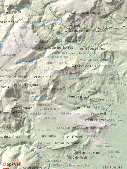 Mapa de relieve de Clapí Vell, 703 m, Alt Penedès, lámina 100 Cims de Trobart. Detalle de la zona superior derecha. 30 × 40 cm.