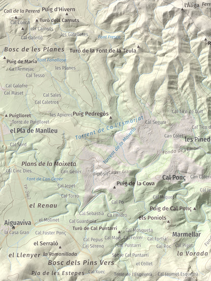 Mapa de relieve de Clapí Vell, 703 m, Alt Penedès, lámina 100 Cims de Trobart. Detalle de la zona inferior izquierda. 30 × 40 cm.