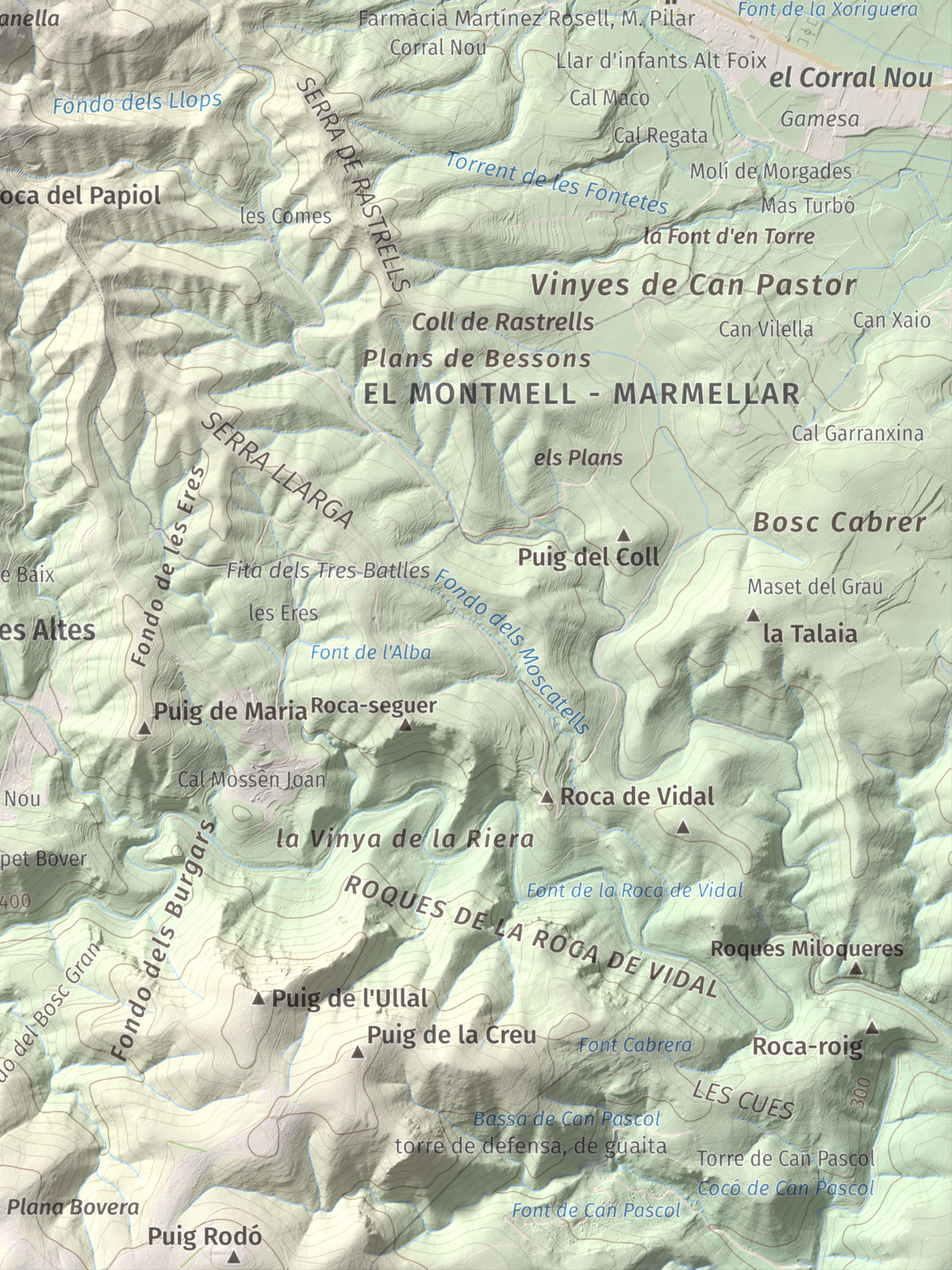 Mapa de relieve de Clapí Vell, 703 m, Alt Penedès, lámina 100 Cims de Trobart. Detalle de la zona inferior derecha. 30 × 40 cm.