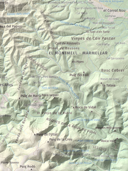Mapa de relieve de Clapí Vell, 703 m, Alt Penedès, lámina 100 Cims de Trobart. Detalle de la zona inferior derecha. 30 × 40 cm.