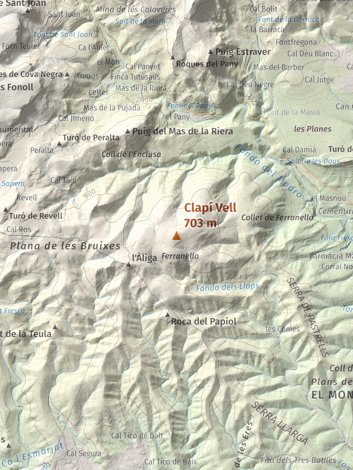 Mapa de relieve de Clapí Vell, 703 m, Alt Penedès, lámina 100 Cims de Trobart. Detalle de la zona central. 30 × 40 cm.