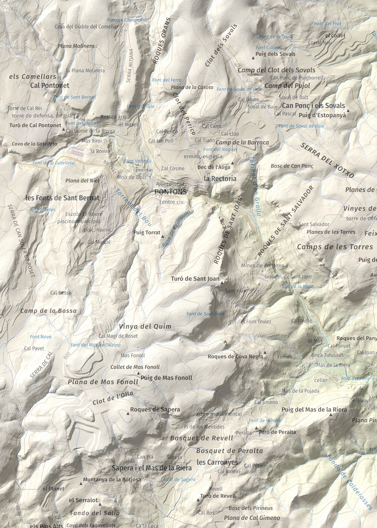 Mapa de relieve de Clapí Vell, 703 m, Alt Penedès, lámina 100 Cims de Trobart. Detalle de la zona superior izquierda. 50 × 70 cm.