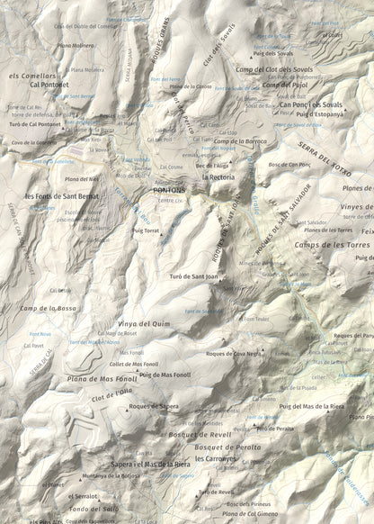 Mapa de relieve de Clapí Vell, 703 m, Alt Penedès, lámina 100 Cims de Trobart. Detalle de la zona superior izquierda. 50 × 70 cm.