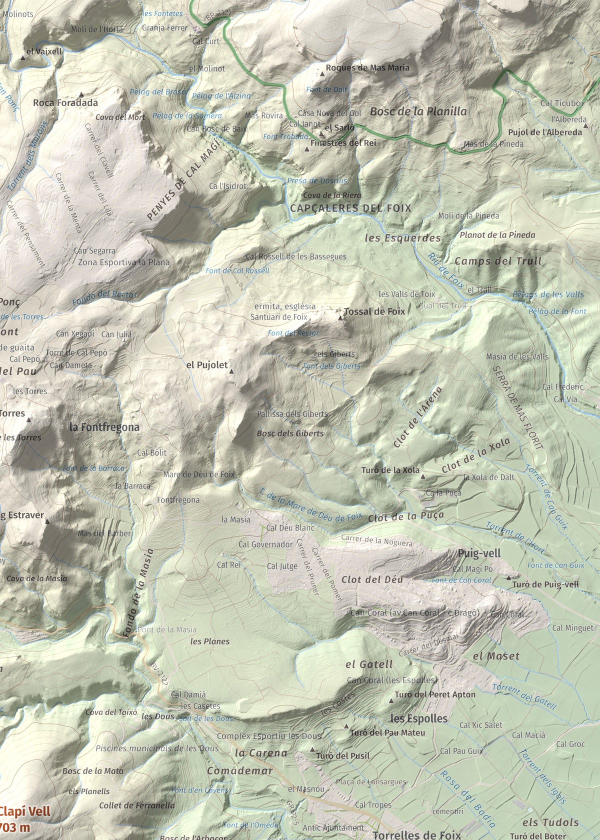 Mapa de relieve de Clapí Vell, 703 m, Alt Penedès, lámina 100 Cims de Trobart. Detalle de la zona superior derecha. 50 × 70 cm.