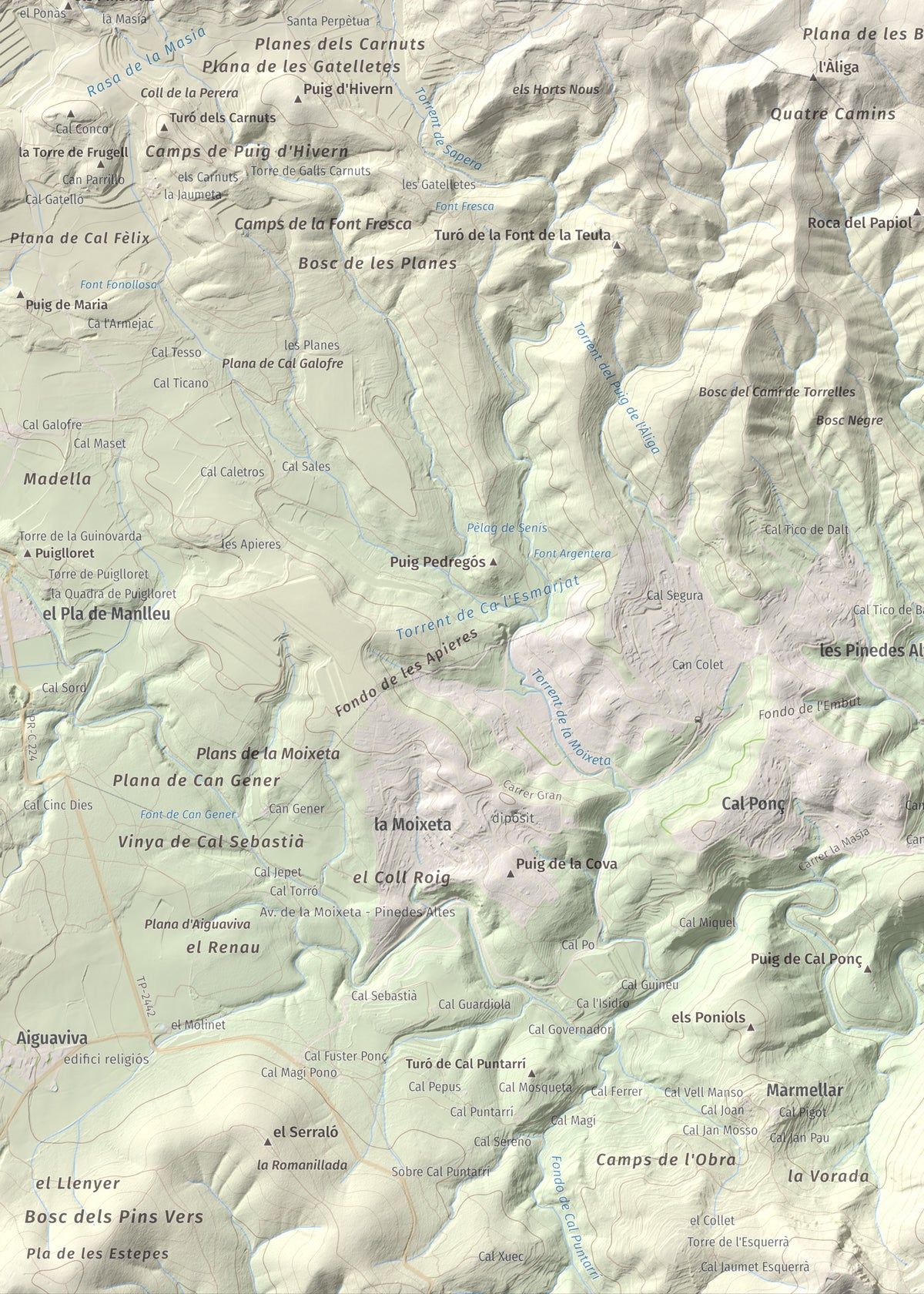 Mapa de relieve de Clapí Vell, 703 m, Alt Penedès, lámina 100 Cims de Trobart. Detalle de la zona inferior izquierda. 50 × 70 cm.