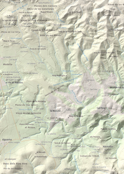 Mapa de relieve de Clapí Vell, 703 m, Alt Penedès, lámina 100 Cims de Trobart. Detalle de la zona inferior izquierda. 50 × 70 cm.