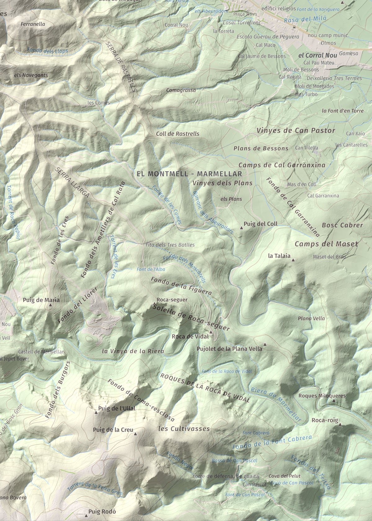 Mapa de relieve de Clapí Vell, 703 m, Alt Penedès, lámina 100 Cims de Trobart. Detalle de la zona inferior derecha. 50 × 70 cm.