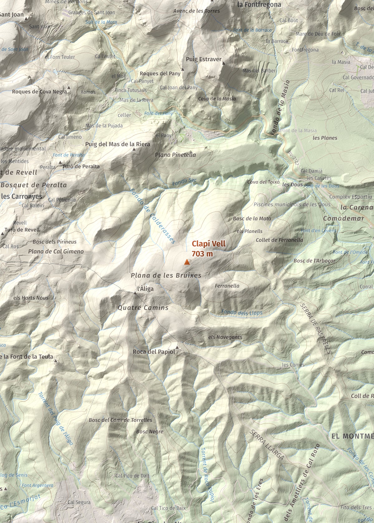 Mapa de relieve de Clapí Vell, 703 m, Alt Penedès, lámina 100 Cims de Trobart. Detalle de la zona central. 50 × 70 cm.