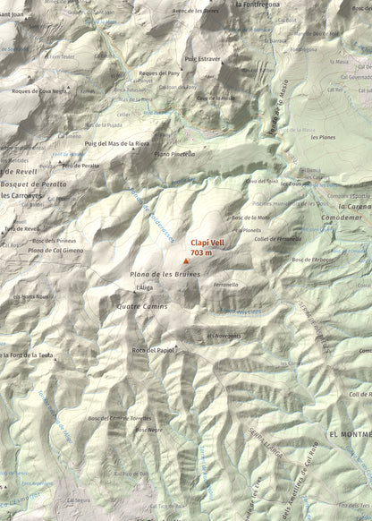 Mapa de relieve de Clapí Vell, 703 m, Alt Penedès, lámina 100 Cims de Trobart. Detalle de la zona central. 50 × 70 cm.