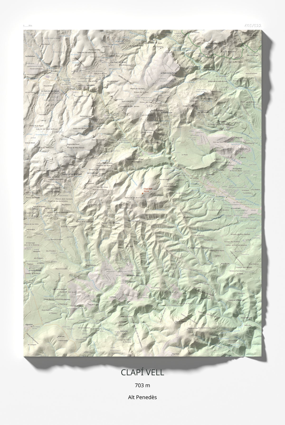 Mapa de relieve de Clapí Vell, 703 m, Alt Penedès, lámina 100 Cims de Trobart 61 × 91 cm.