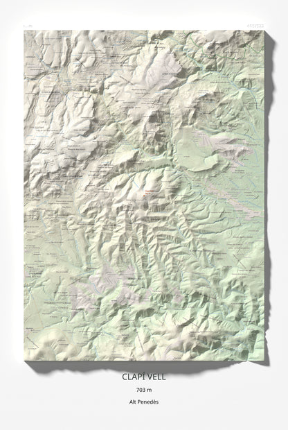 Mapa de relieve de Clapí Vell, 703 m, Alt Penedès, lámina 100 Cims de Trobart 61 × 91 cm.