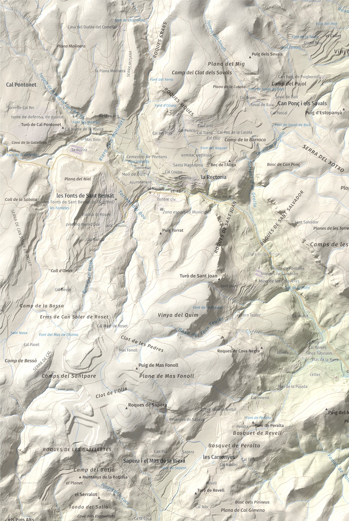 Mapa de relieve de Clapí Vell, 703 m, Alt Penedès, lámina 100 Cims de Trobart. Detalle de la zona superior izquierda. 61 × 91 cm.