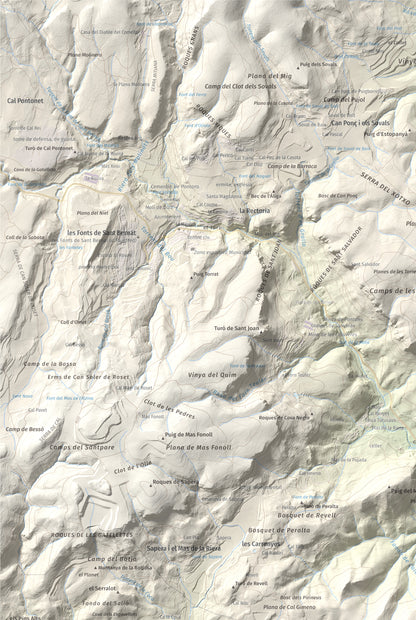 Mapa de relieve de Clapí Vell, 703 m, Alt Penedès, lámina 100 Cims de Trobart. Detalle de la zona superior izquierda. 61 × 91 cm.