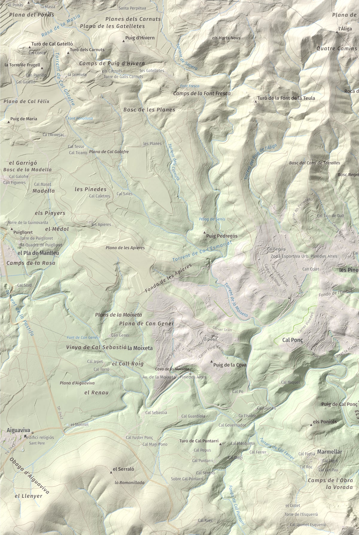 Mapa de relieve de Clapí Vell, 703 m, Alt Penedès, lámina 100 Cims de Trobart. Detalle de la zona inferior izquierda. 61 × 91 cm.