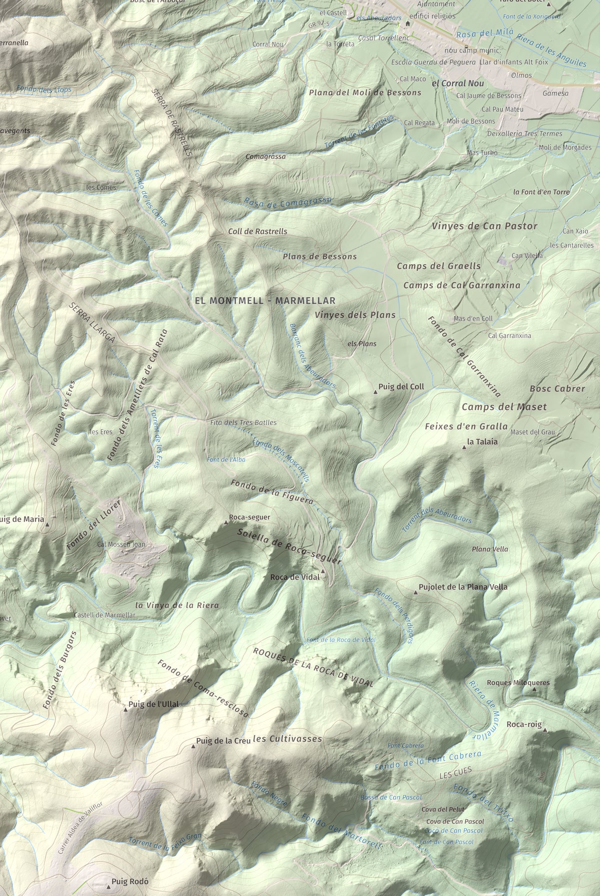Mapa de relieve de Clapí Vell, 703 m, Alt Penedès, lámina 100 Cims de Trobart. Detalle de la zona inferior derecha. 61 × 91 cm.