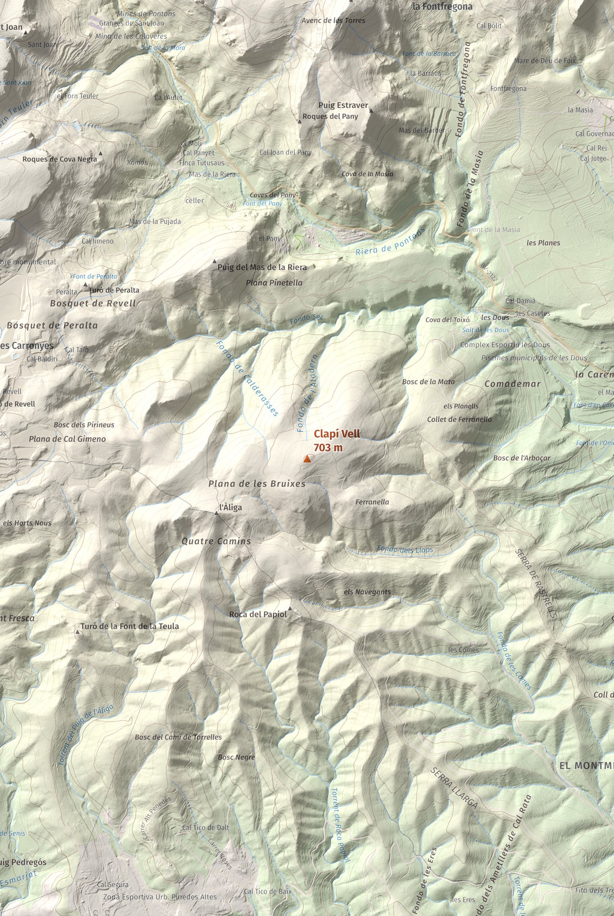 Mapa de relieve de Clapí Vell, 703 m, Alt Penedès, lámina 100 Cims de Trobart. Detalle de la zona central. 61 × 91 cm.