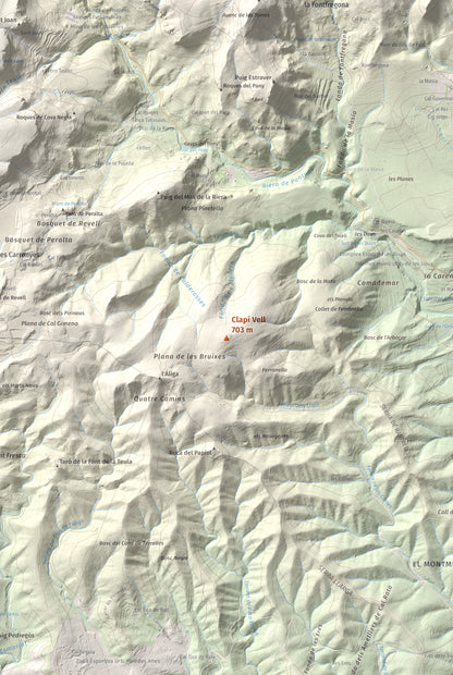 Mapa de relieve de Clapí Vell, 703 m, Alt Penedès, lámina 100 Cims de Trobart. Detalle de la zona central. 61 × 91 cm.