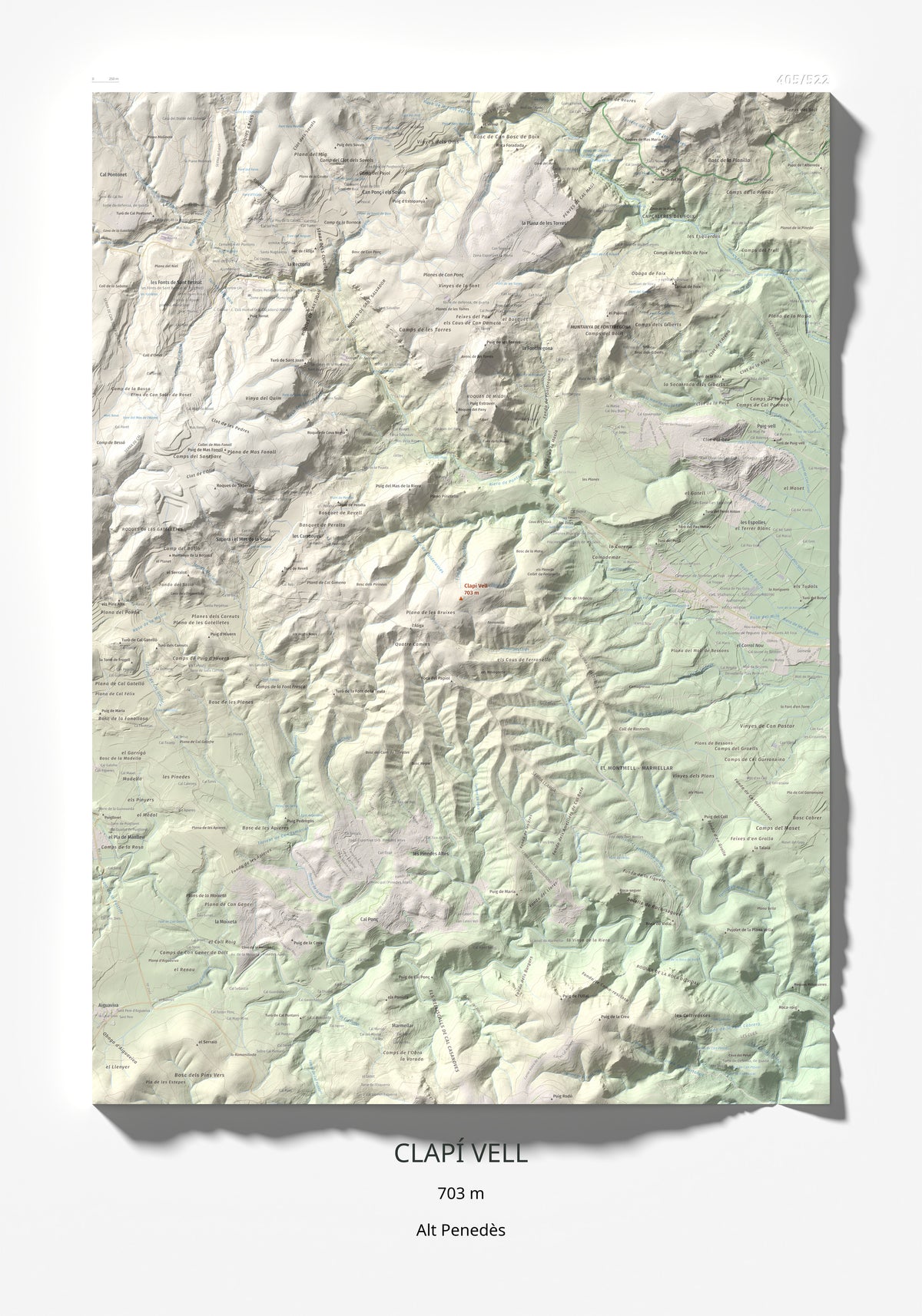 Mapa de relieve de Clapí Vell, 703 m, Alt Penedès, lámina 100 Cims de Trobart 70 × 100 cm.